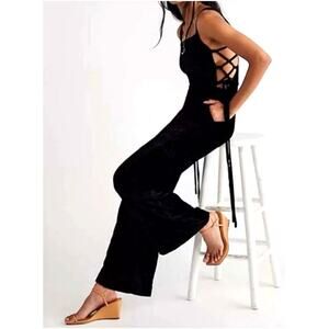 FREE PEOPLE Black Crushed Velvet 90s Forever Lace Up Jumpsuit Wide Leg Small